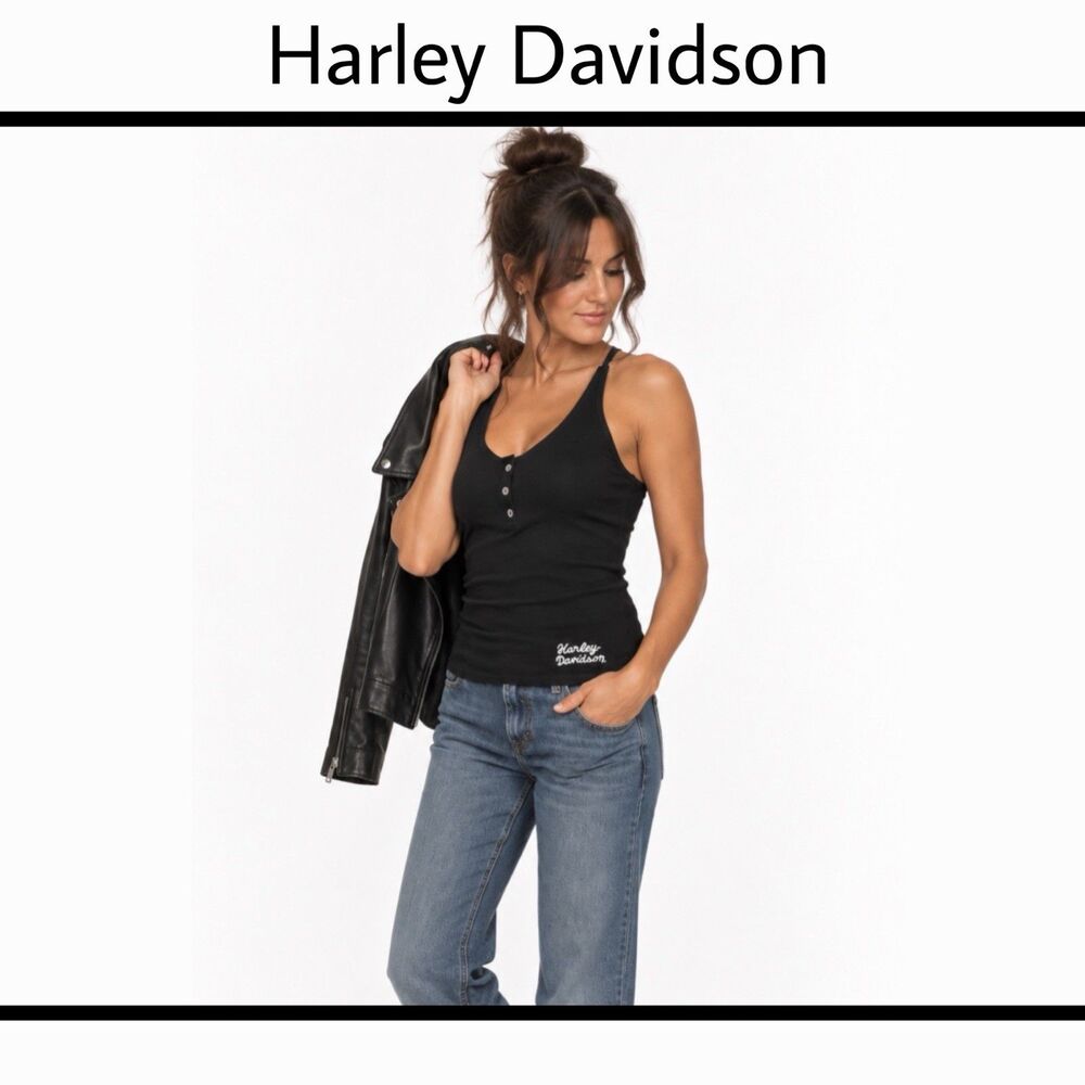 Harley Davidson Tank Top Women's XL Button Down Black Embroidered Logo Top Shirt